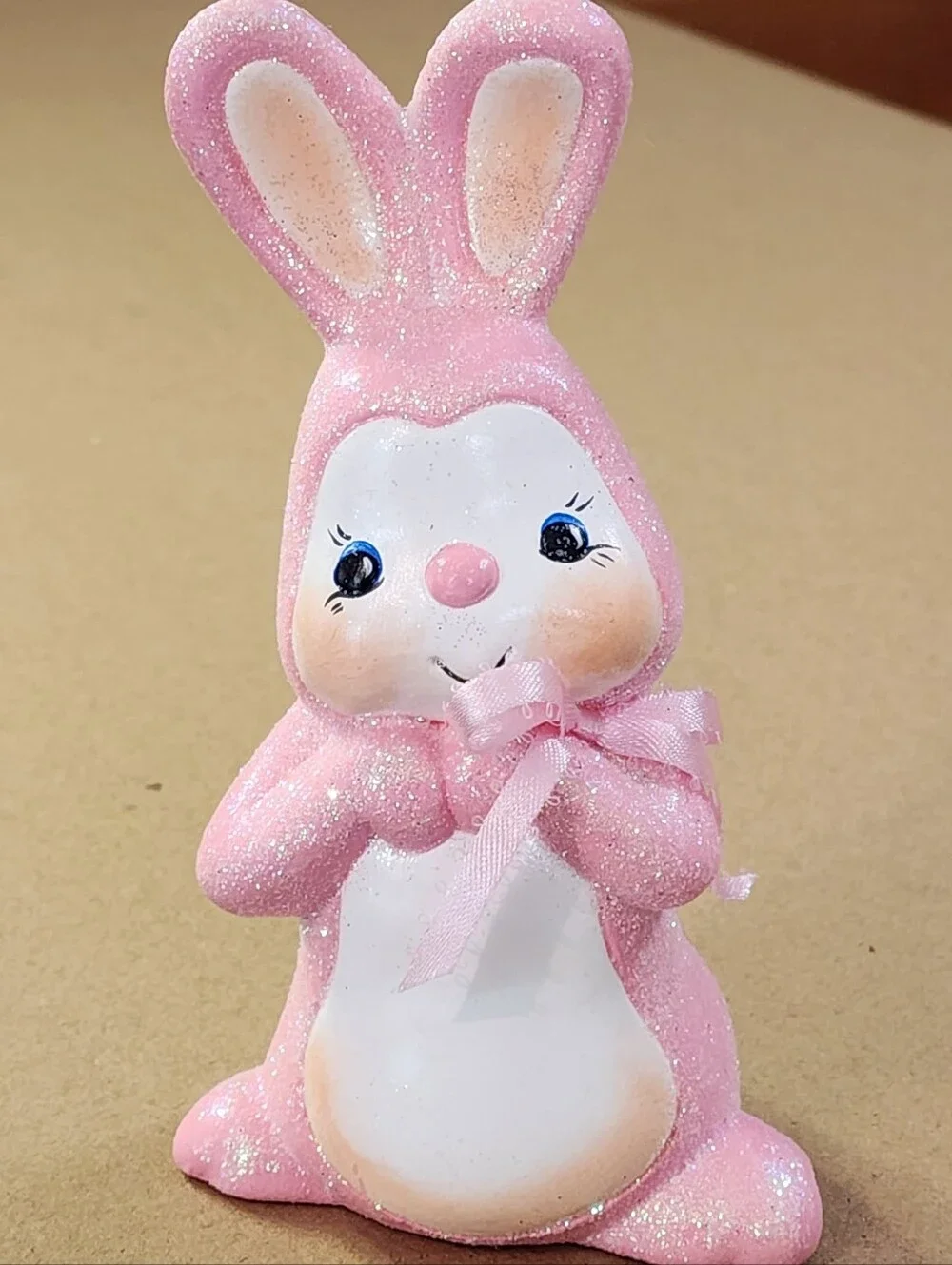 VINTAGE Anthropomorphic Ceramic Bunny Rabbit Pink Glitter Hand Painted Signed